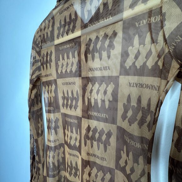 Inamorata Riviera Brown Check Mesh Dress Long Sleeve Button Up Mini Dress S - Picture 9 of 13